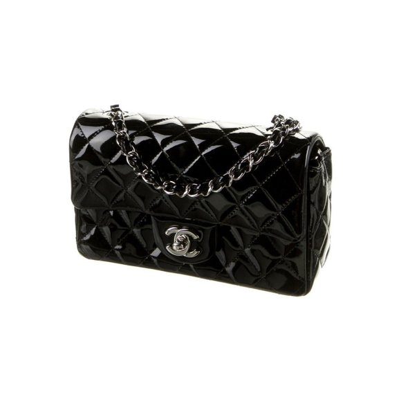 Chanel Black Quilted Patent Leather Chain Link Medium Double Designer Handbag - Picture 1 of 12